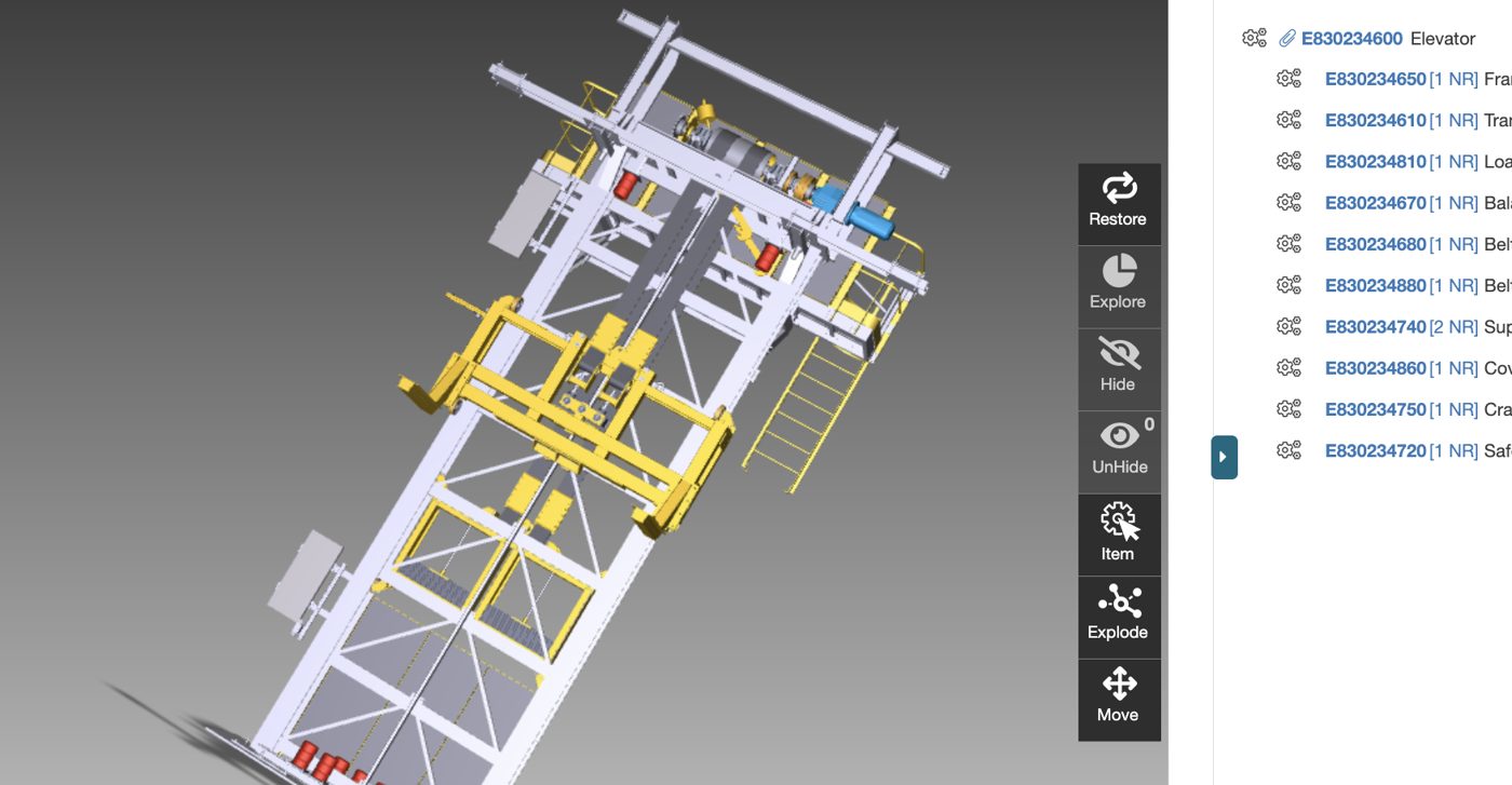 Vue 3D d'une machine issue des plans CAO, avec la nomenclature des pièces à droite